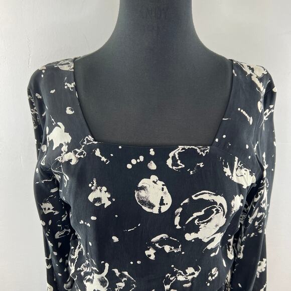 MARIA STANLEY Hamline Blouse Top Black White Cosmos Puff Sleeve Square Neck Sz L - Picture 4 of 11